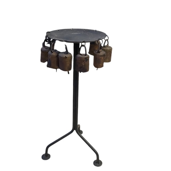 Vintage Rustic Handmade Folk Forged Metal Cowbells Candle Holder - Picture 2 of 11